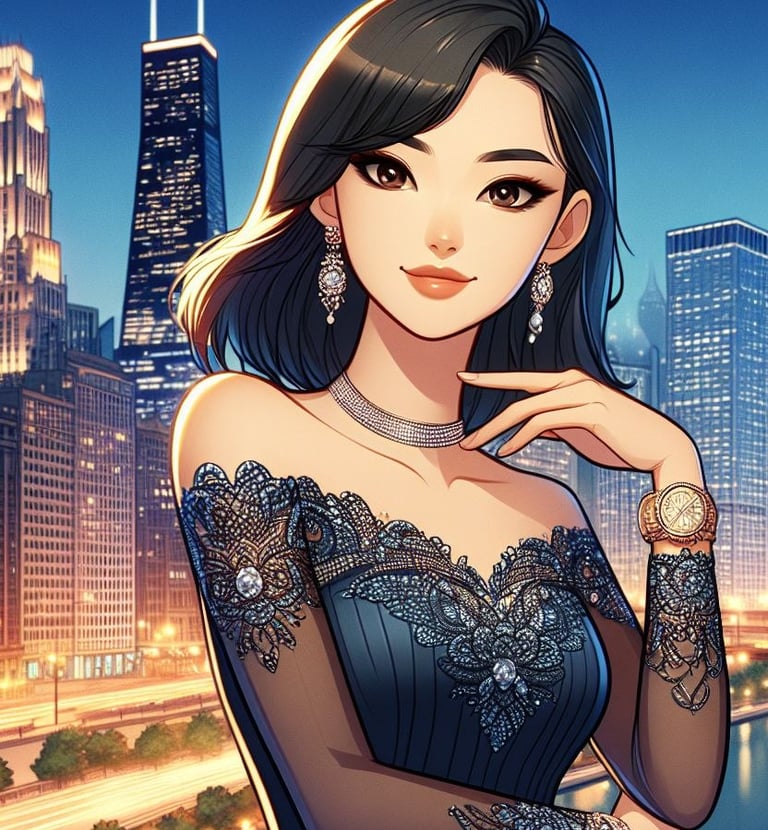 Kimberly Lee, Korean daughter of a corporate giant, exudes edgy sophistication as a chic socialite.