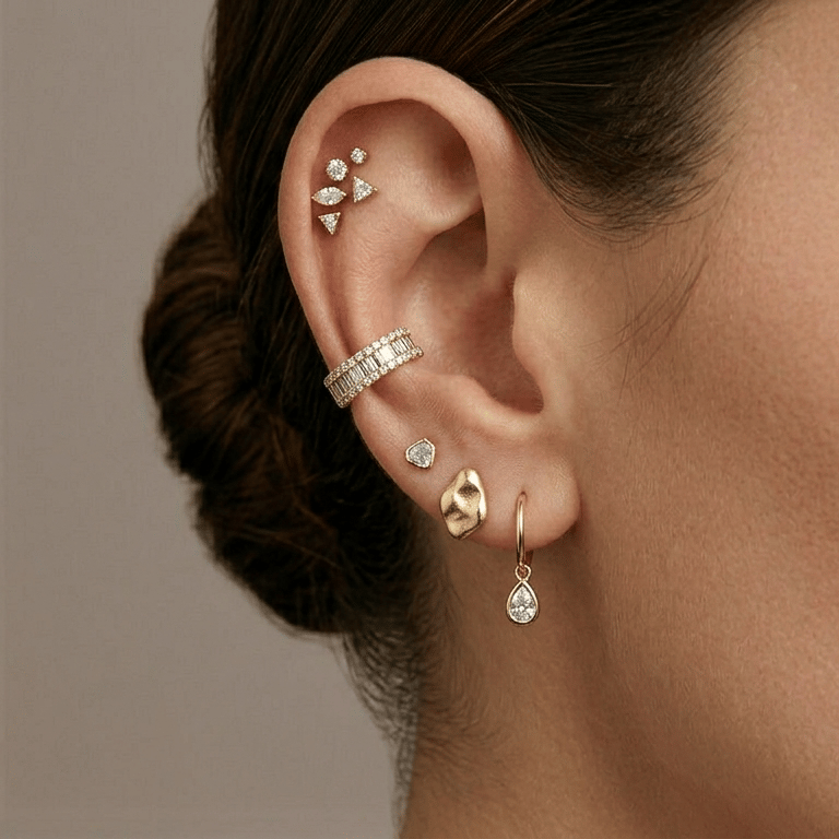 אוזן מעוצבת בסגנון יוקרתי עם תכשיטי זהב, עגילי יהלומים, קאף באגט ועגיל טיפה