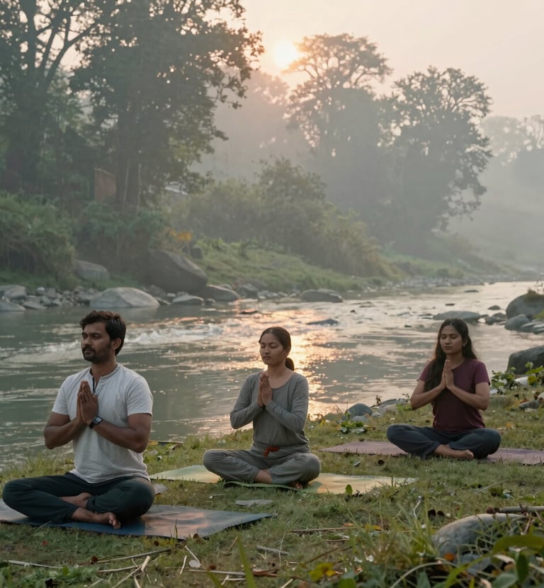 Youth engaged in mantra chanting with focused expressions during a serene session.
