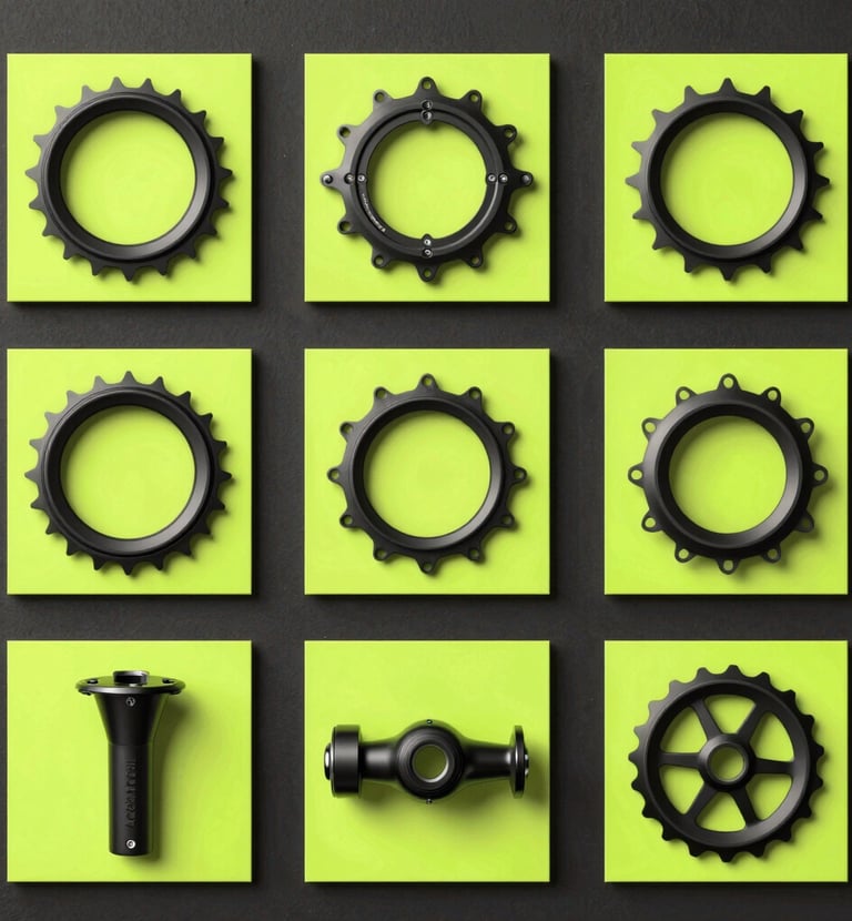 High-performance cycling components neatly arranged on a white surface with subtle shadows.