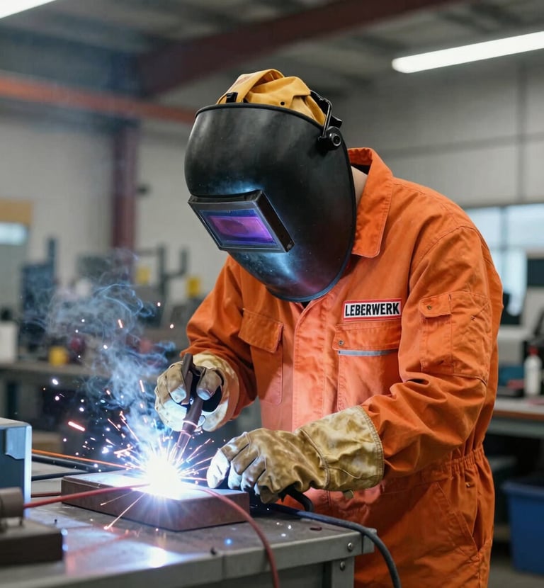 Close-up of skilled hands welding metal parts with sparks flying in a workshop.