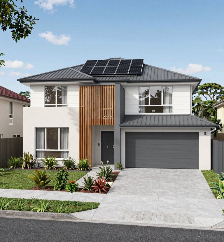 A spacious townhouse with a neat front garden and large windows reflecting a clear blue sky.