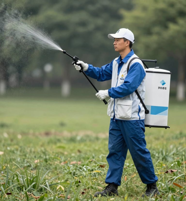 Professional team applying pest control treatment in a bright office space.
