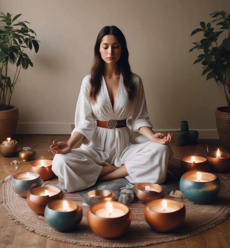 A serene client reclining comfortably with eyes closed, surrounded by gentle sound vibrations.