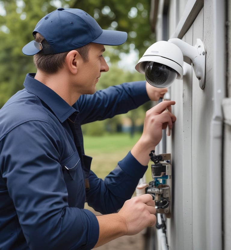 A clevercam technician carefully assembling a wireless security camera unit in a bright workshop.