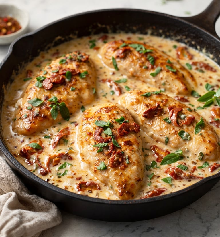 Creamy Tuscan chicken with sun-dried tomatoes and herbs in a cast iron skillet.