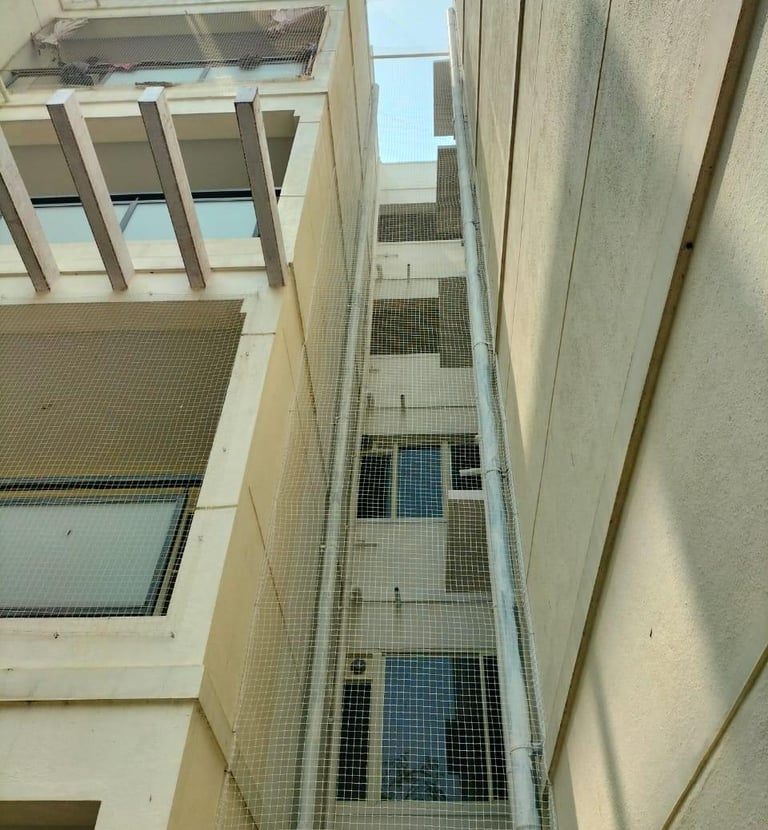 Wide shot of an apartment window covered with fine mesh pigeon netting in Sarjapur.