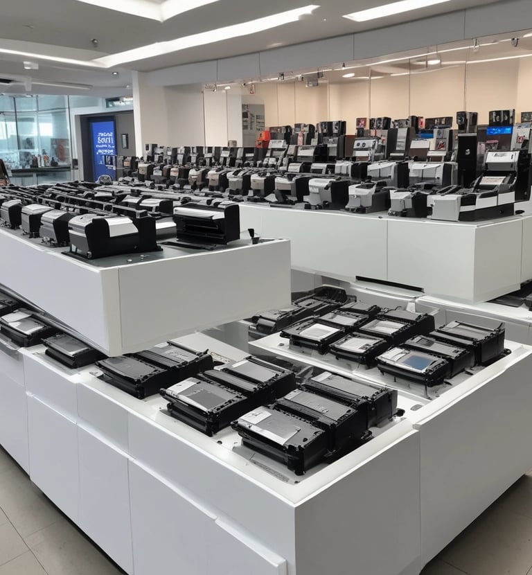 VoIP phone system devices arranged neatly on a desk ready for installation