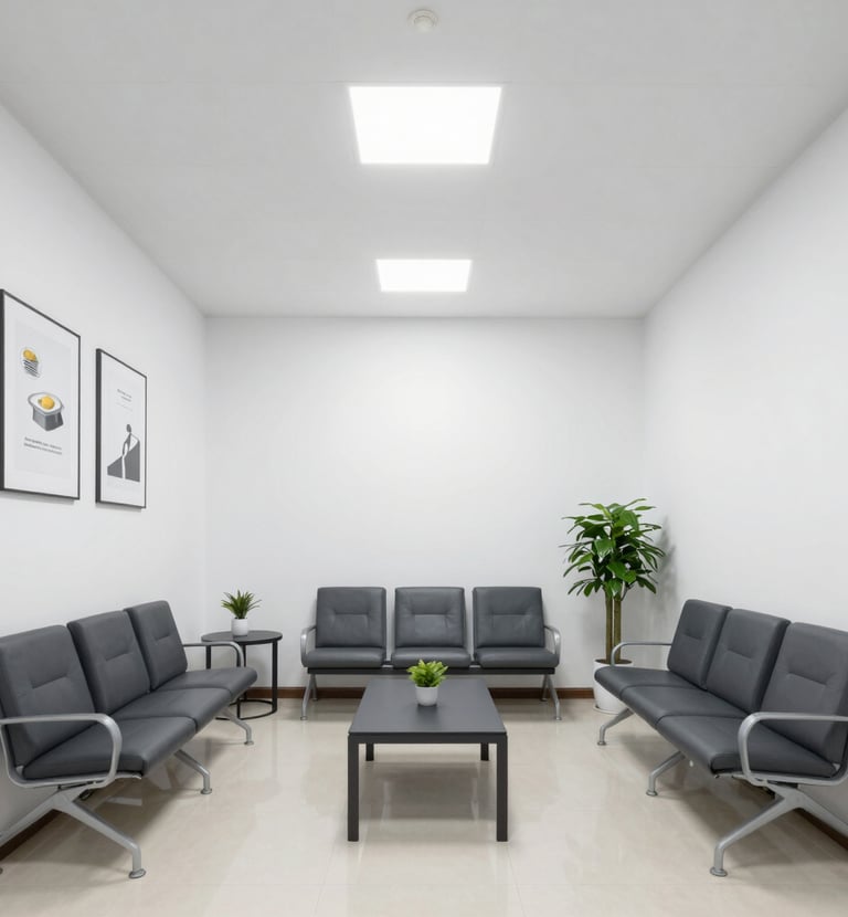A pristine clinic reception area with polished surfaces and soft lighting.