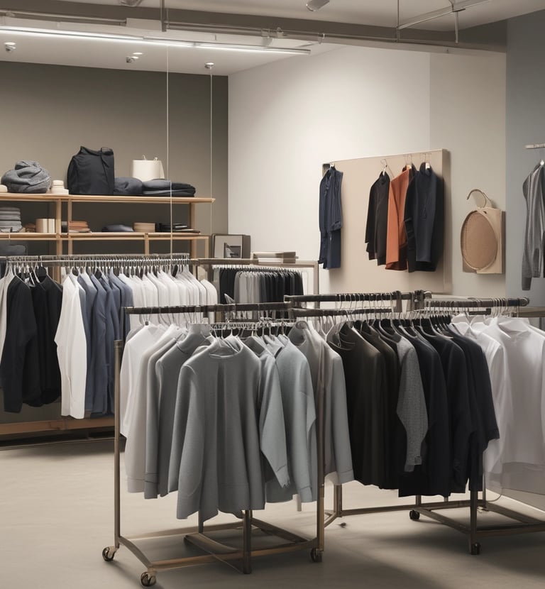 Finished garments hanging neatly, showcasing clean lines and bold cuts.