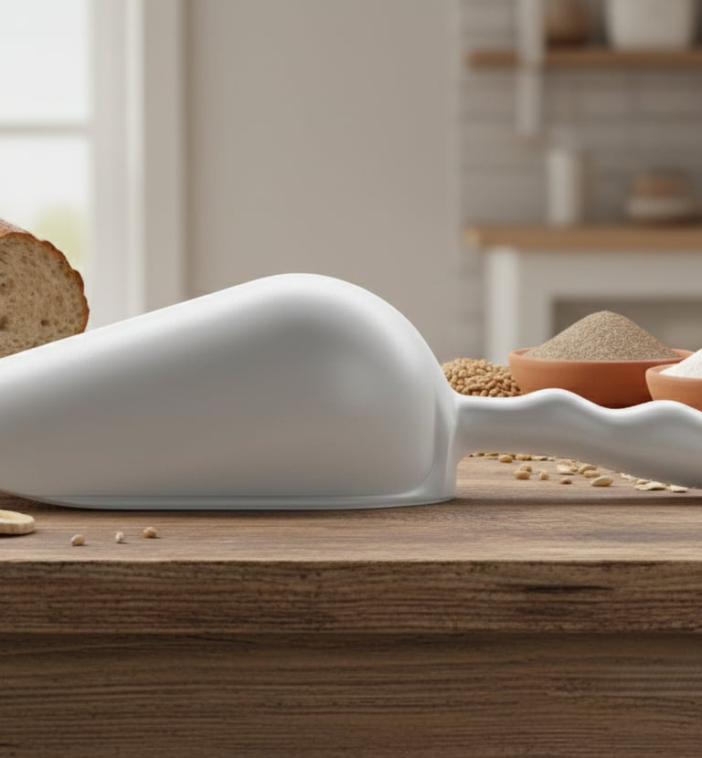 Professional white scoop for kitchens and labs. Durable and easy to sanitize.