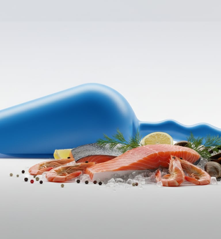 Sessola blu professionale per frutti di mare e molluschi. Tracciabile e sicura per il settore ittico.