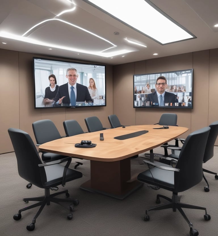 a conference room with a large screen showing a video conference room