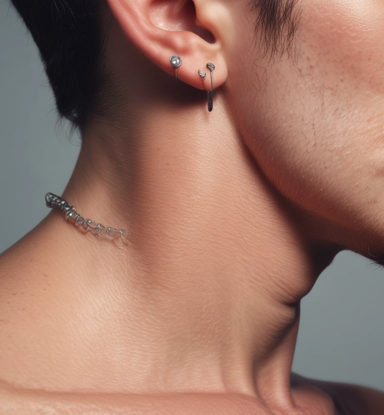 A pair of bold white gold earrings with intricate detailing, resting on a polished black stone.