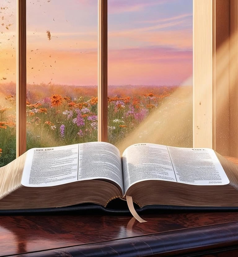 Un libro si apre con una vista di un campo e di un sole splendente