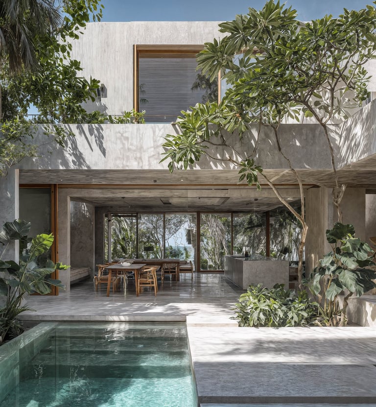 a pool with a table and chairs in the middle of the room