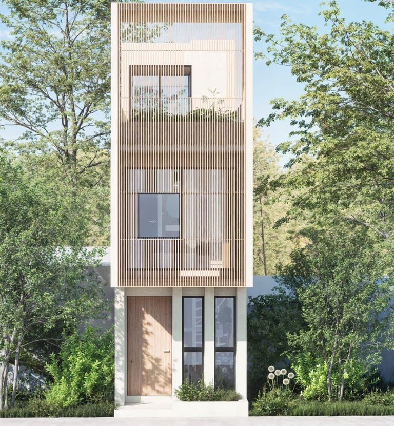 a modern house with a tall wooden building