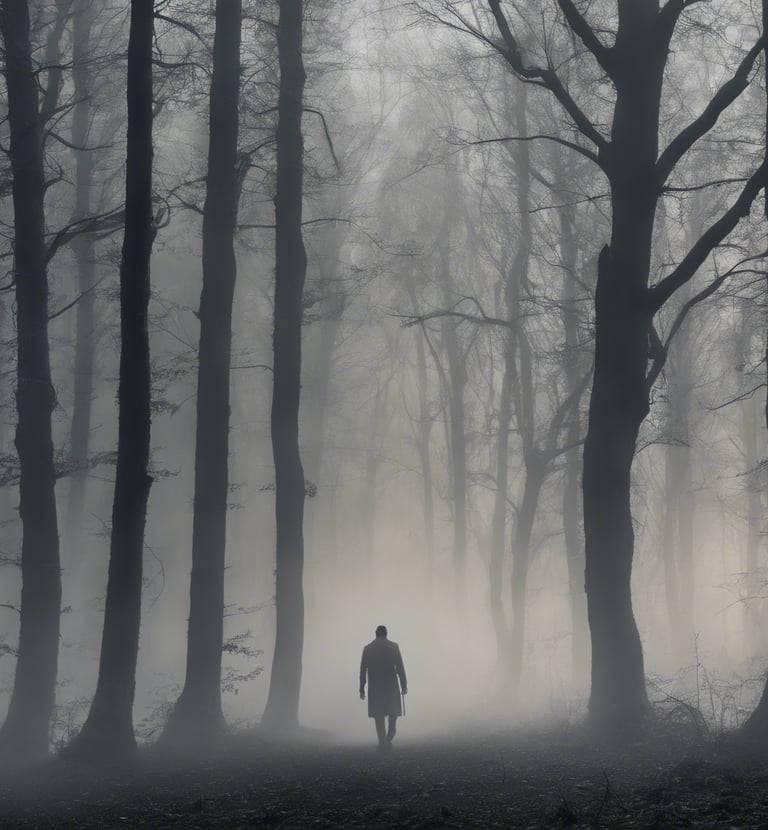 Man walking through a foggy woods