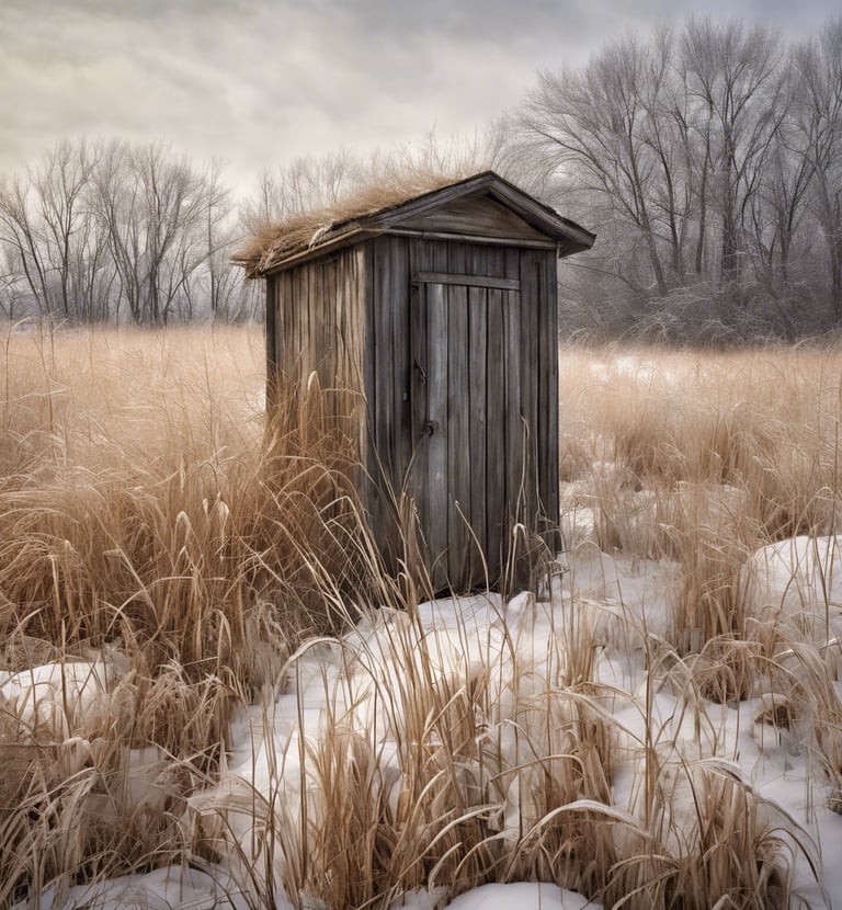 Old outhouse in the middle of a snowy field