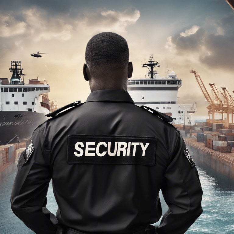 a security officer standing in front of a large ship