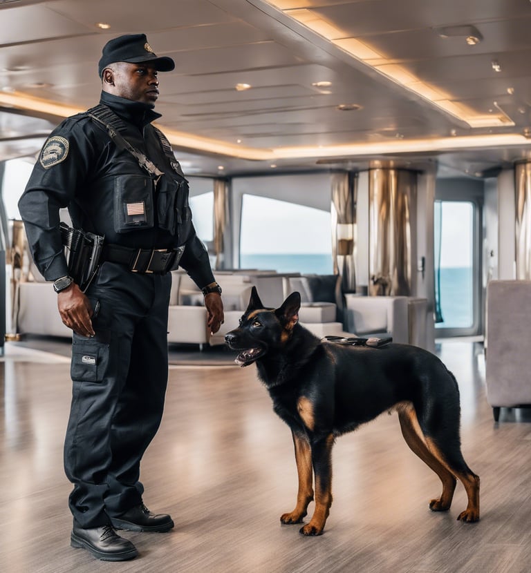 a security officer and his dog standing in a living room for security