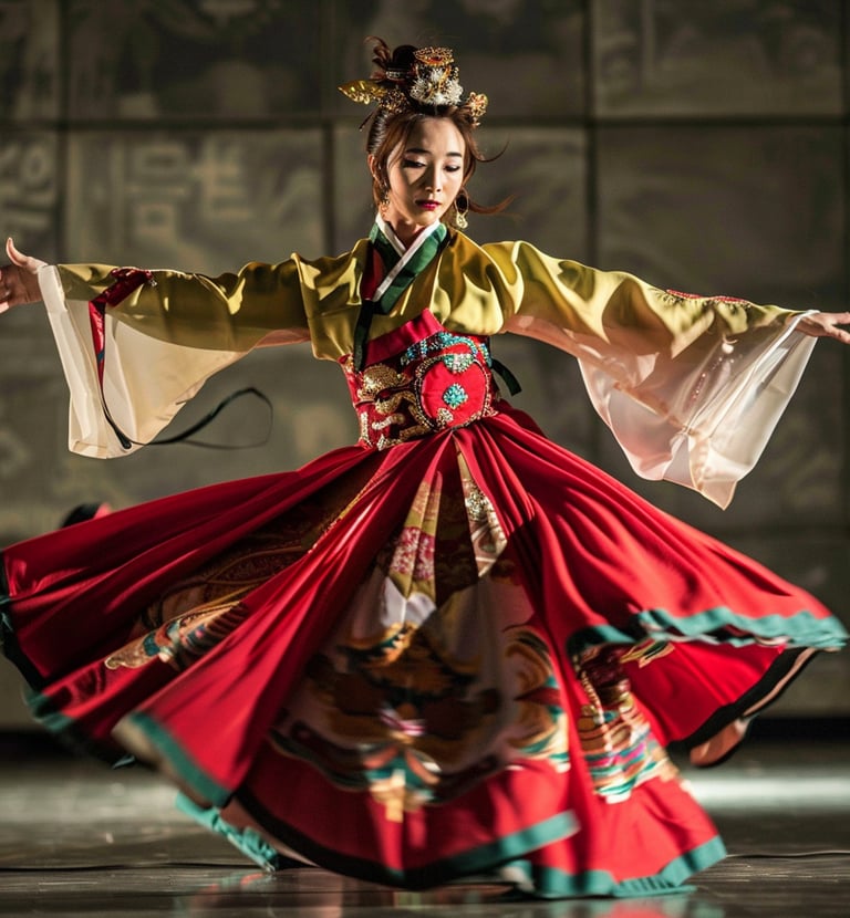 a woman in a red dress and a yellow dress showcasing Chinese dance