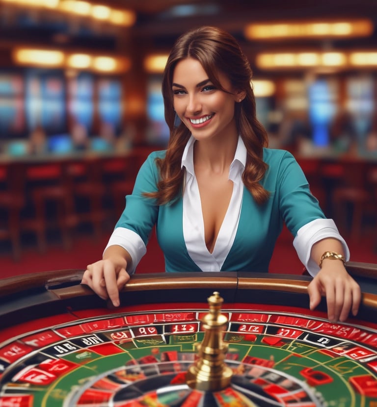 A dimly lit casino filled with rows of slot machines, some occupied by people. The machines' lights contrast with the dark surroundings, creating a vibrant yet subdued atmosphere.