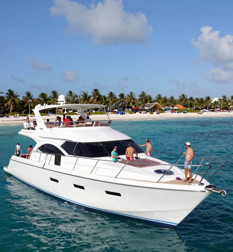 A sleek catamaran sailing near Isla Mujeres under a bright blue sky.