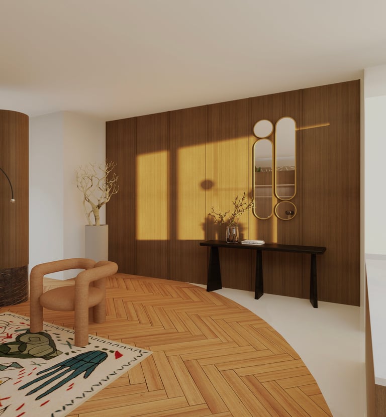Entrée d'un loft minimaliste, aux tons neutres et matériaux nobles