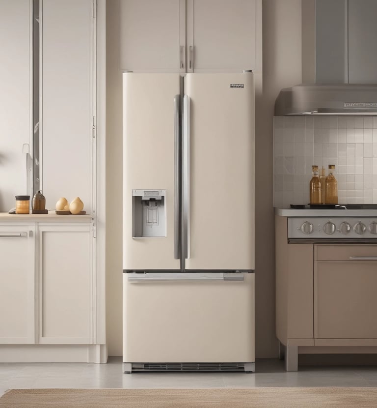 A shattered glass panel with a sticker labeled 'Power Savings Guide' and a note indicating a 10-year warranty. The background includes a kitchen setting with a water dispenser, dishes, and some utensils.