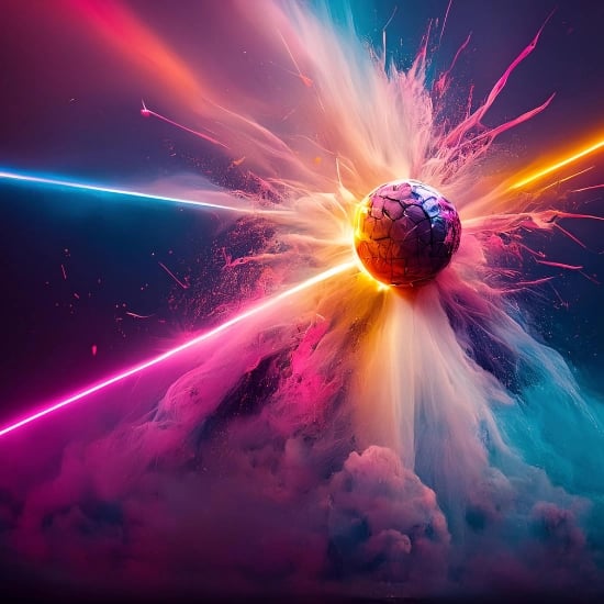 a 3d energised ball in the sky with a colorful light and blasting smoke