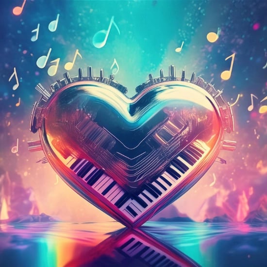 a heart shaped piano with musical notes and notes on it