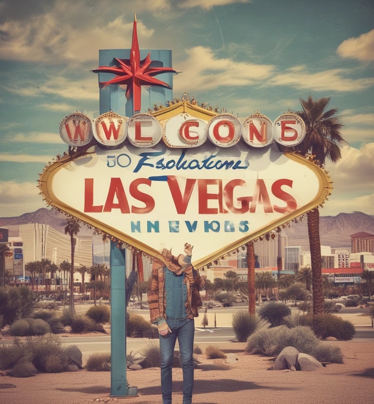 a man standing in front of a welcome sign for a las vegas sign