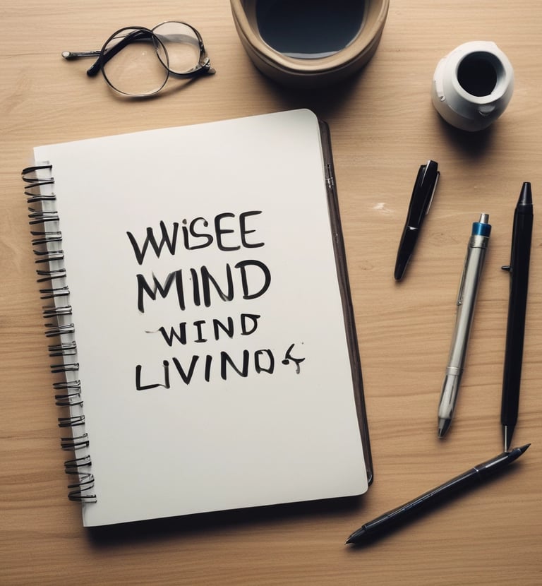 An open journal with a pen resting on a wooden table.
