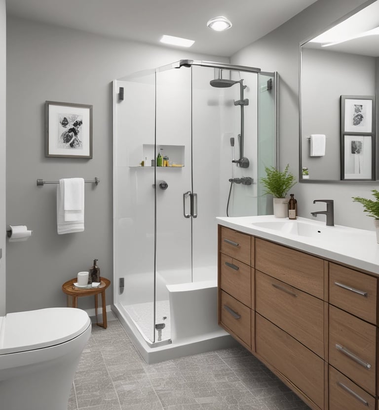 A bathroom with shower and toilet remodeled with high quality materials