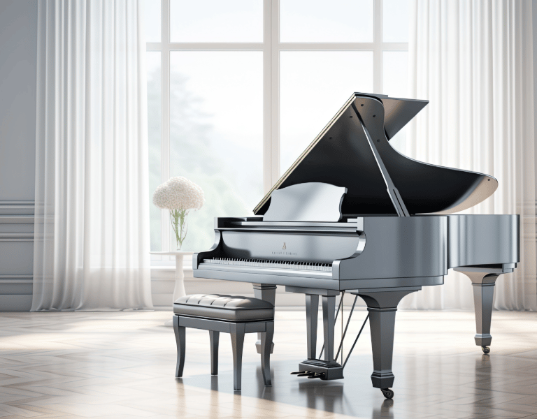 black grand piano in a big white room