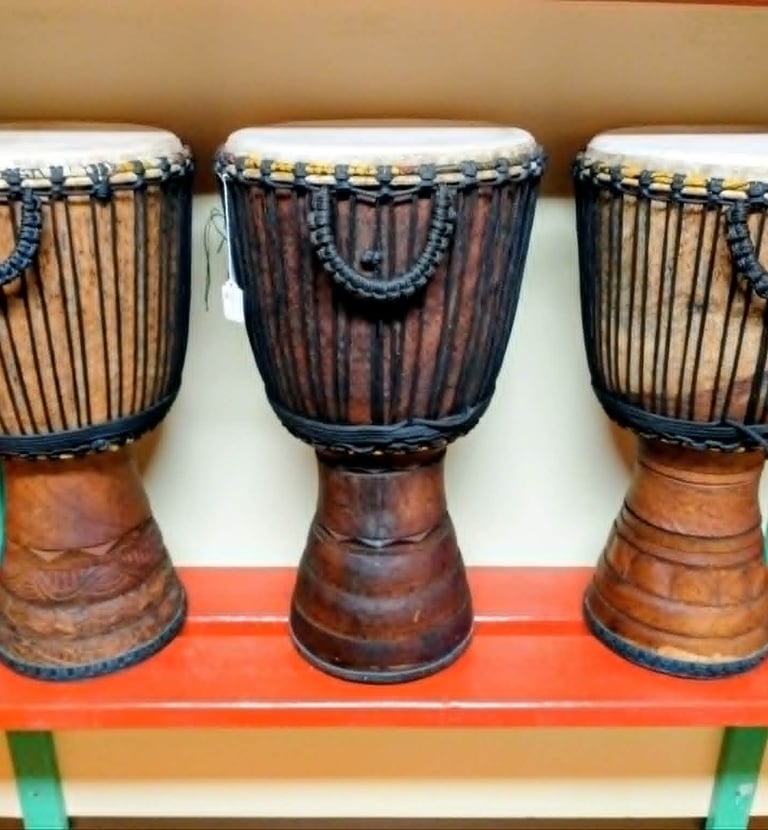 Ivory Coast Iroko Wood Goatskin Djembes $450
