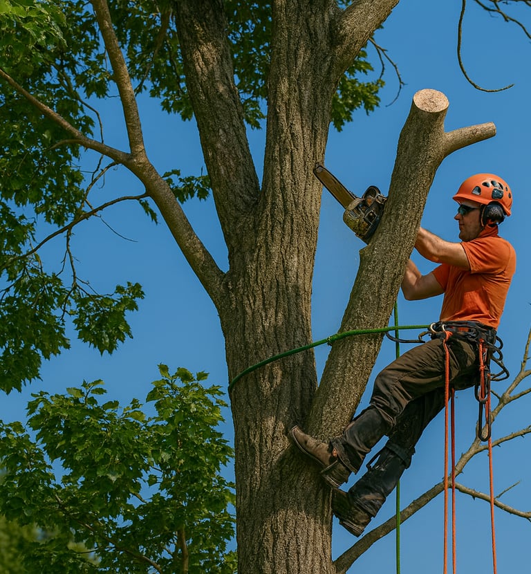Climber up in a tree cutting a branch