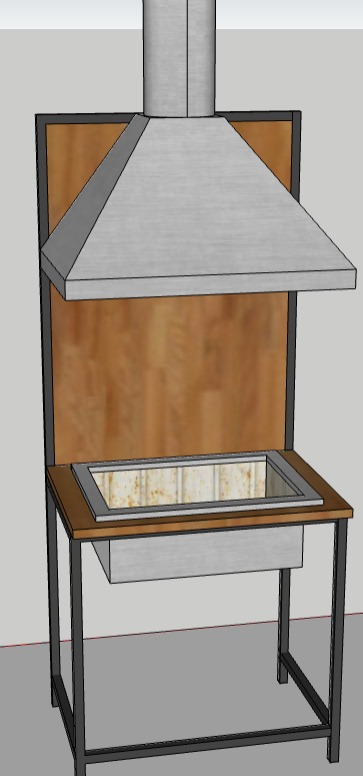 projeto 3D área gourmet coifa e braseiro