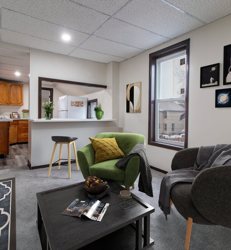 Digital Staging of a completely empty living room and kitchen