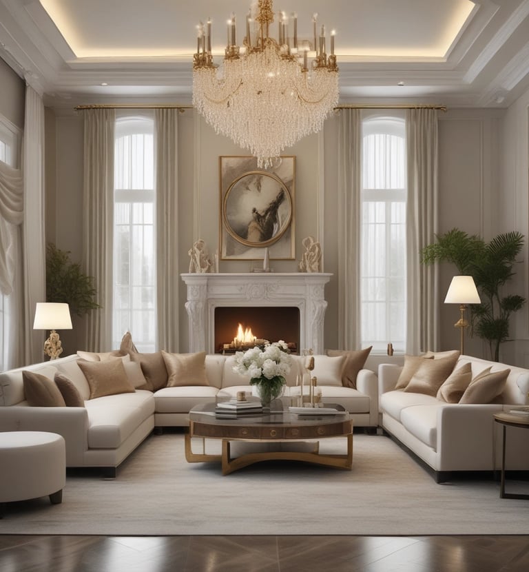 A modern interior space featuring a wide corridor with minimalistic design. On the left side, a wooden wall complements a white sofa adorned with cushions. Large glass windows on the right allow natural light to flood the area, while a staircase leads to an upper floor. The space has clean lines and an airy feel, with light colors dominating the scene.