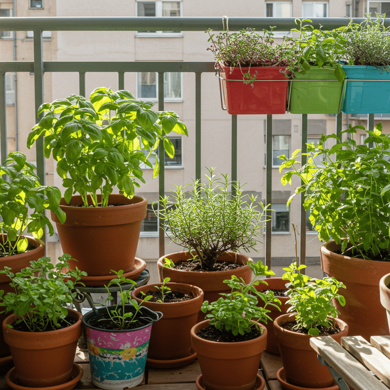 Urban balcony herb garden with basil and mint
