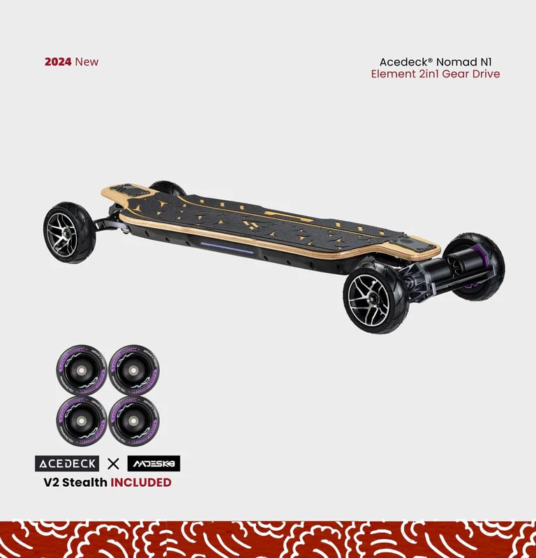 Acedeck Nomad N1 side view and V2 Stealth wheels