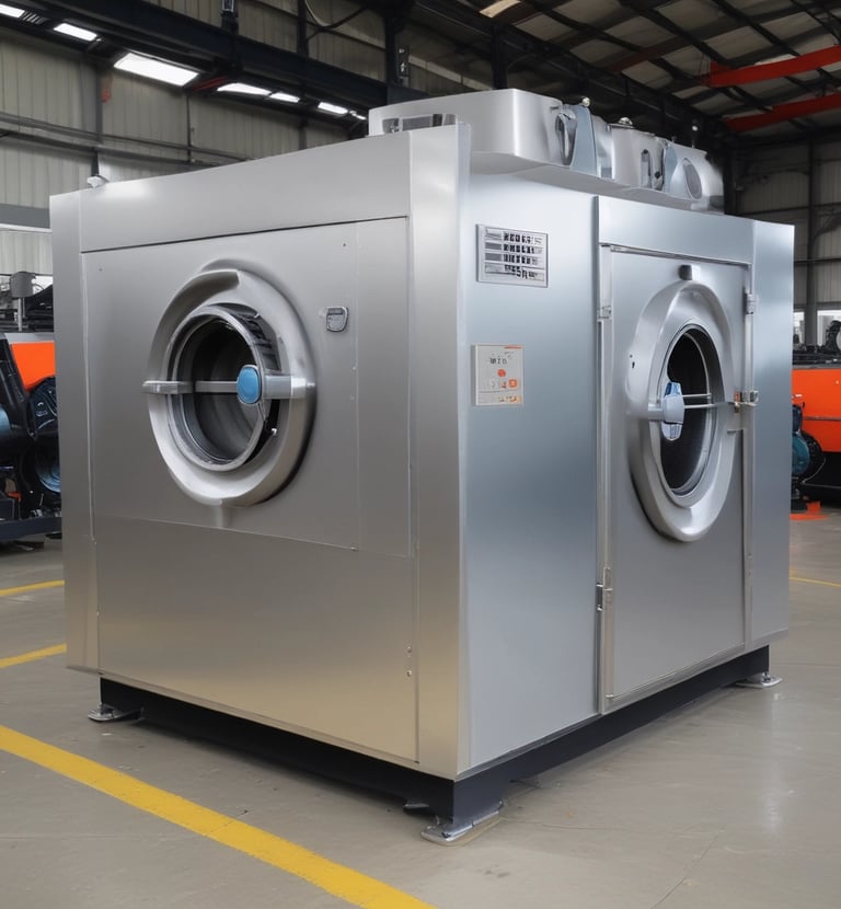 A row of industrial washing machines is lined up, each with a porthole door. Above the machines are displayed various laundry-related products, possibly for purchase. The machines have visible dials and instructions, suggesting they are coin-operated or commercial laundromat machines. The setting appears to be in a functional, practical environment with a tiled floor.