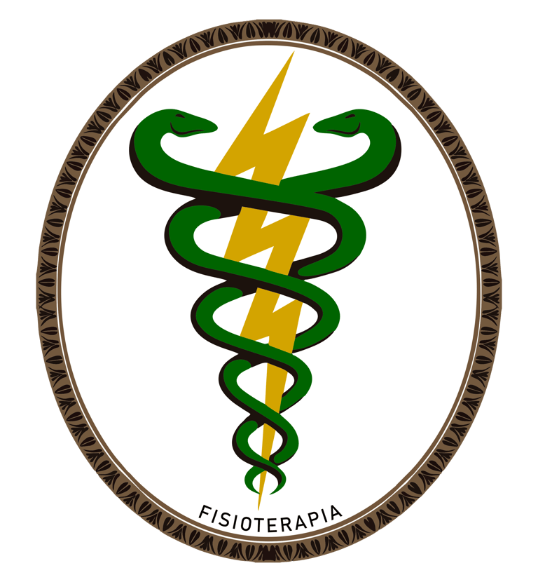 Emblema acadêmico de fisioterapia, com predominância das cores branco, preto, marrom, verde, amarelo