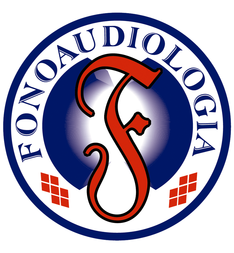 "Emblema acadêmico de fonoaudiologia, com predominância das cores branco, vermelho e azul marinho.