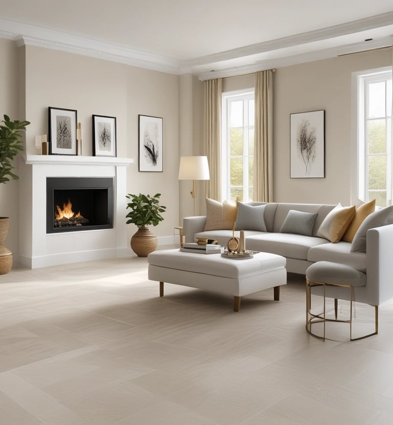 Bright living room featuring light beige LVP flooring that complements soft gold accents.