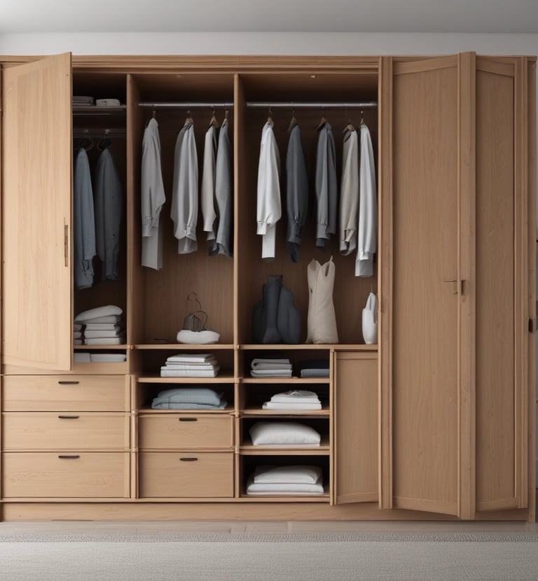 Elegant wooden wardrobe with smooth finishes and classic design in a cozy bedroom.