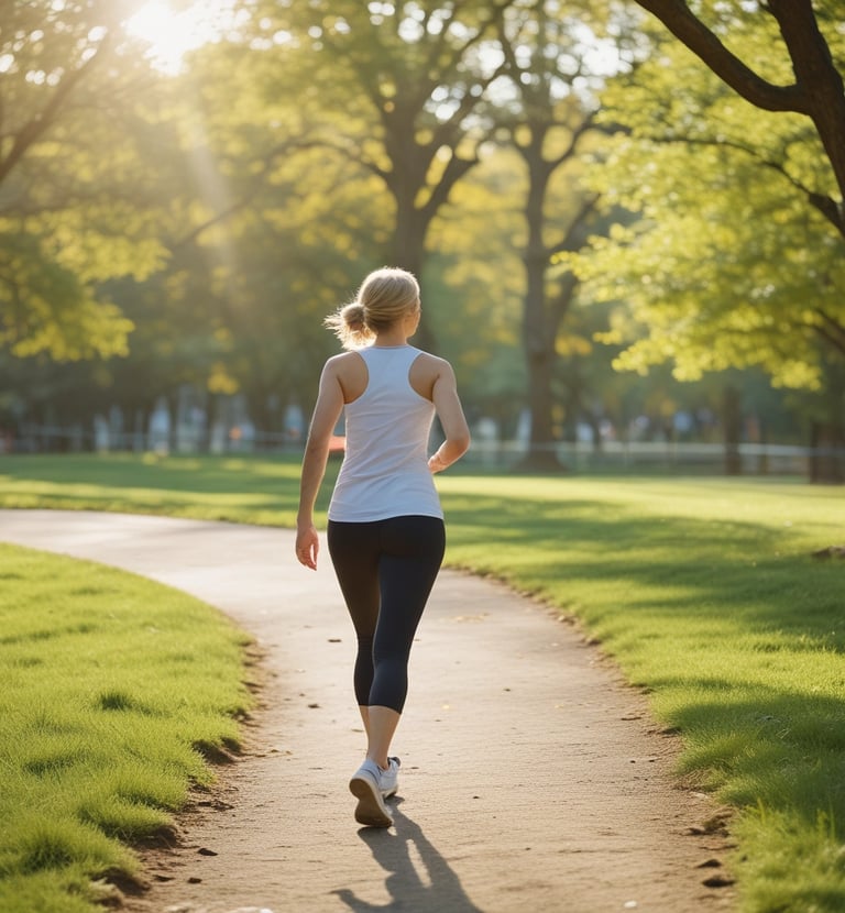 A peaceful woman in her late 30s practicing slow jogging along a tree-lined path with sage green leaves.