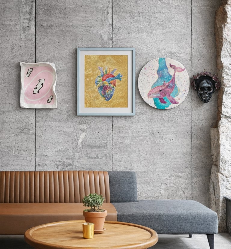  Arte de pared moderno para sala de estar que incluye una pintura de una ballena y un corazón 